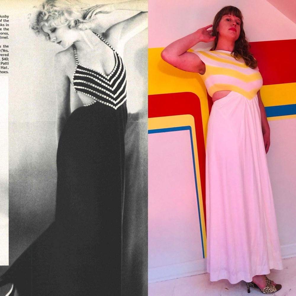 1970s vintage Estevez midriff cut out gown yellow chrevon maxi dress cocktail